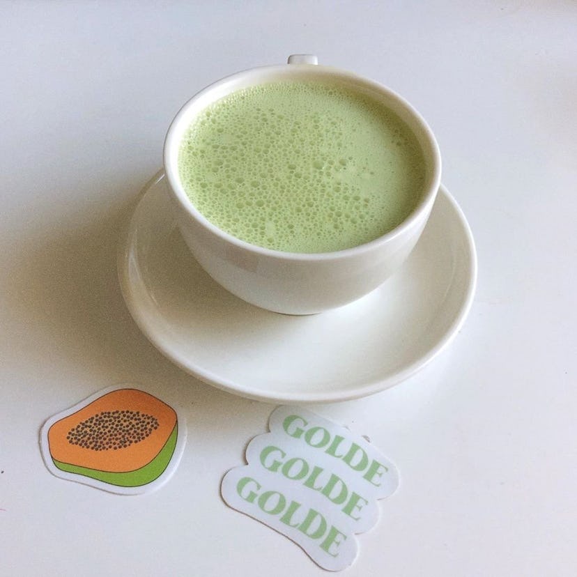A picture of Golde's Matcha Turmeric Latte Blend. The brand is donating 100 percent of profits to th...