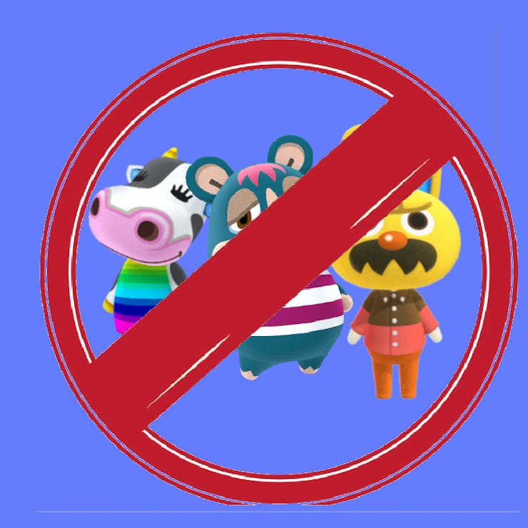 Animal crossing characters crossed out with a big red line and circle.