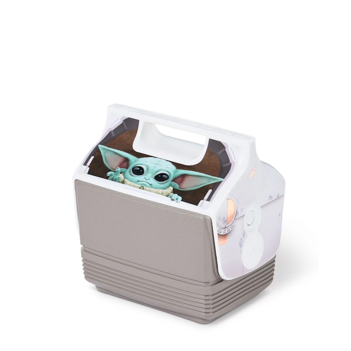 A classic Igloo cooler with handle top. On the front facing top slanted side, an image of The Child ...
