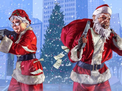 Two characters dressed up as Santa and Grandma Claus  in GTA'a Snowstorm of Cocaine