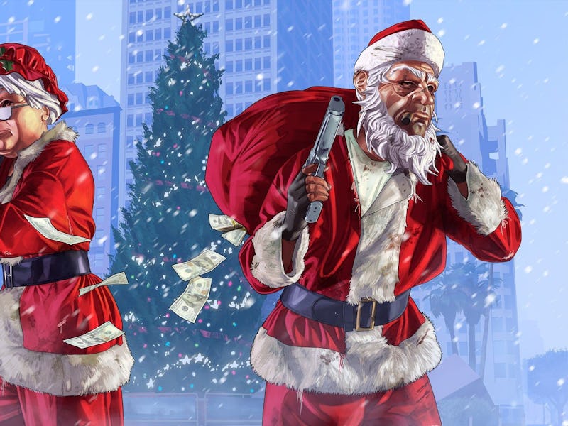 Two characters dressed up as Santa and Grandma Claus  in GTA'a Snowstorm of Cocaine
