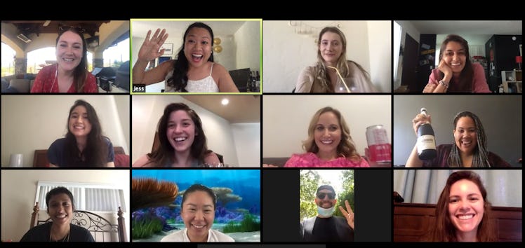 A happy group of friends talk on a Zoom chat. 