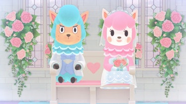 Two characters getting married in the wedding season in Animal Crossing