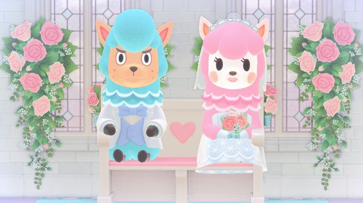 Two characters getting married in the wedding season in Animal Crossing