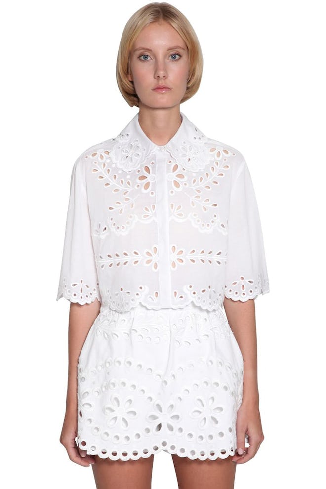 Red Valentino Cropped Cotton Eyelet Lace Shirt