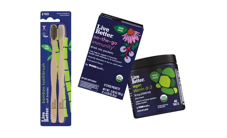 The Live Better by CVS Health product line includes bamboo toothbrushes, vegan vitamin D-3 tablets, ...