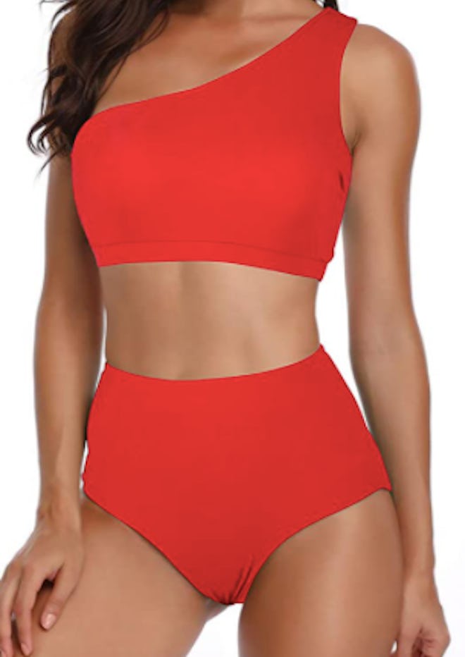 You might also like this one shoulder bikini bathing suit in vibrant colors. 