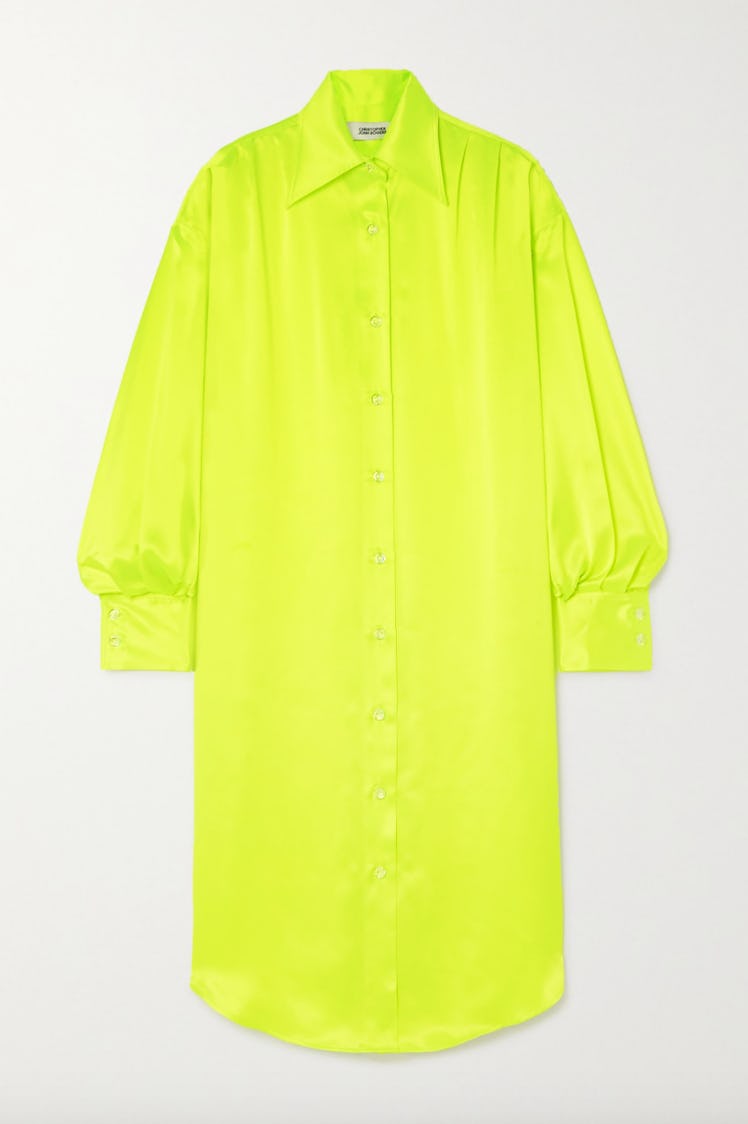 Christopher John Rogers Oversized Crystal-embellished Neon Silk-charmeuse Shirt Dress