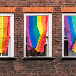 Three windows in the middle of a brick wall, covered with rainbow LGBT flags
