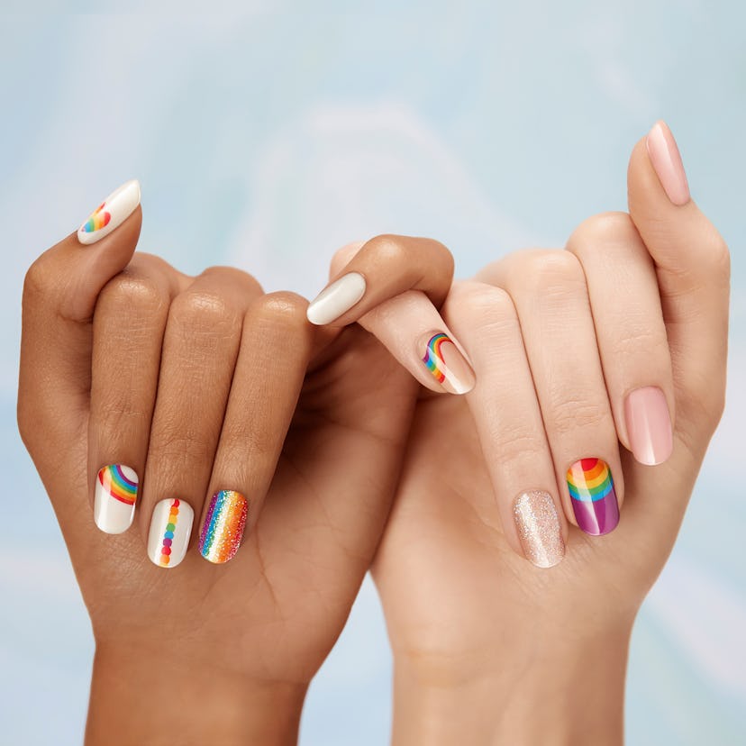 Dashing Diva's new Pride line features press on nails in litter finishes and a variety of rainbows.