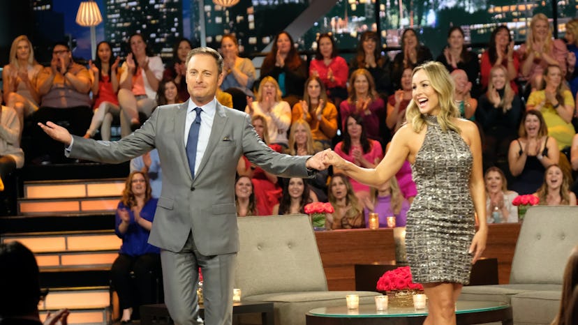 Clare Crowley and Chris Harrison on set of The Bachelor