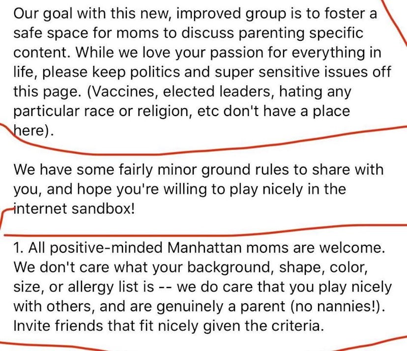 Text reads: Our goal with this new, improved group is to foster a safe space for moms to discuss par...