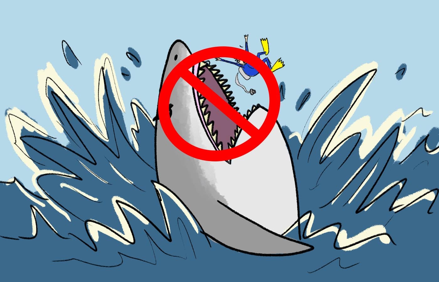 An illustration of a shark about to eat a person who is swimming with a red stop sign over it