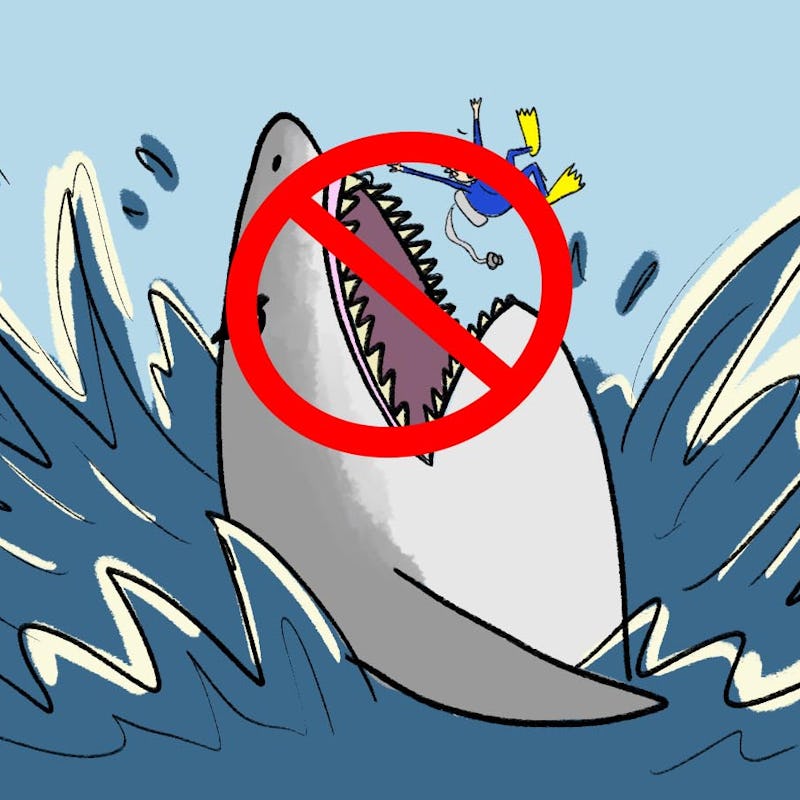 An illustration of a shark about to eat a person who is swimming with a red stop sign over it