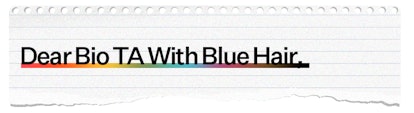 A text reading: "Dear Bio TA with Blue hair"