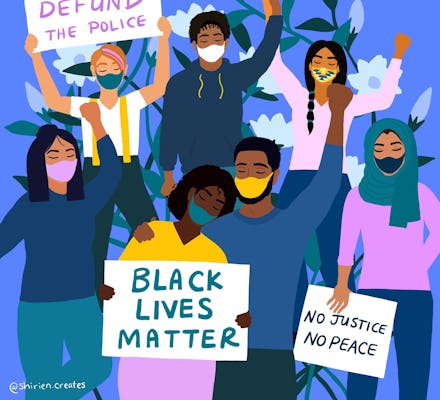 A brightly-colored illustration of Black Lives Matter protesters of many ethnicities. All are wearin...