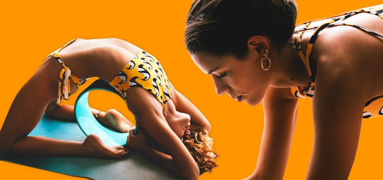 A collage of the same woman doing two pilates workouts for beginners