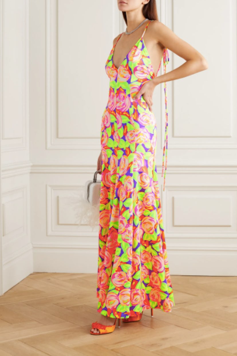 Pleated floral-print stretch-satin maxi dress