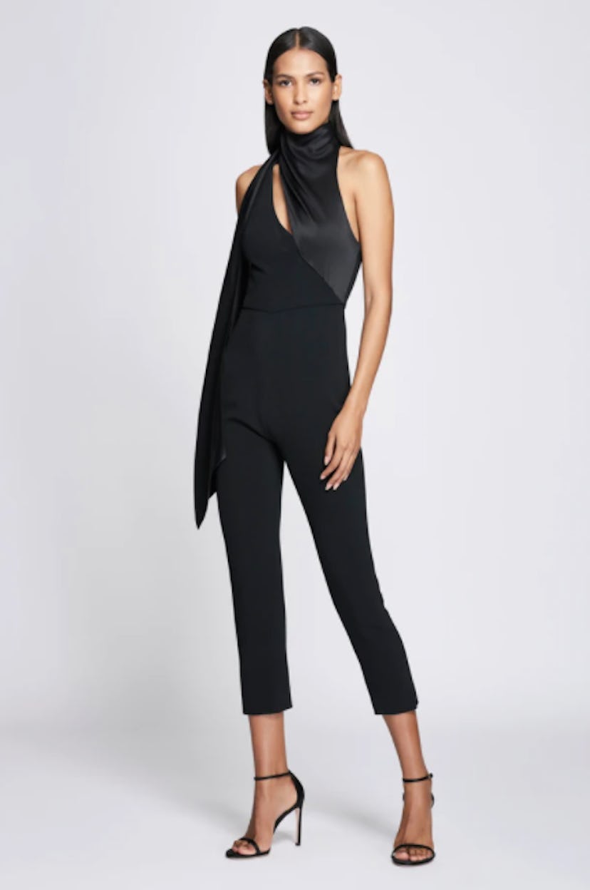 Black Cropped Jumpsuit with Scarf Detail