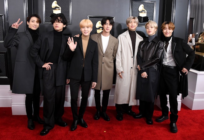 RM, V, Suga, Jin, Jimin, Jungkook, and J-Hope of music group BTS attends the 62nd Annual GRAMMY Awar...
