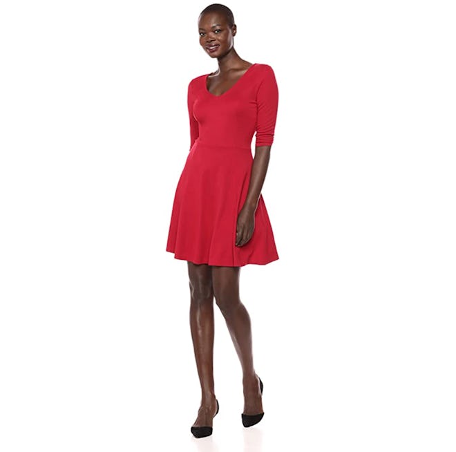 Lark & Ro Women's Three Quarter Sleeve V-Neck Fit and Flare Dress