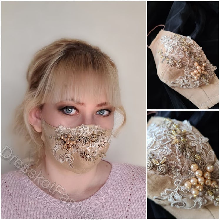 Wedding face mask, Beaded bridal face mask, Embroidered lace face mask