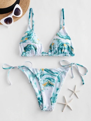 Zaful Ocean Print Reversible String Bikini Swimsuit 