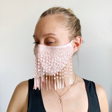 Fashion Stylish Cotton Face Mask with Lace fringe Pink | dust mask Festival look boho wedding mask A...
