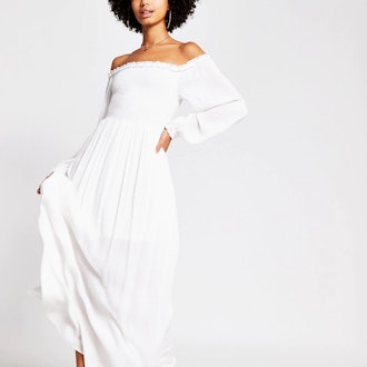 White long sleeve shirred bardot maxi dress