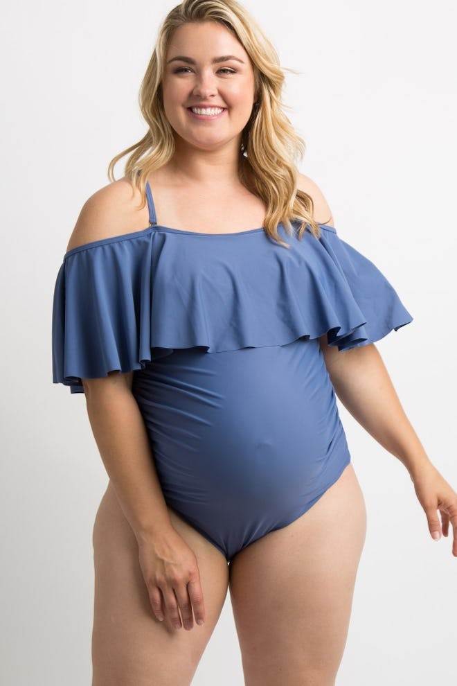 PinkBlush Blue Grey Ruffle Trim Ruched One-Piece Maternity Plus Swimsuit