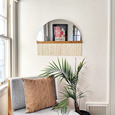 Half-Circle Fringe Mirror: "Aria" (Straight Small) with Wood Slat