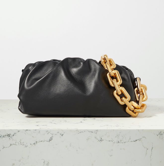 The Pouch Chain-Embellished Gathered Leather Clutch