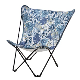 Folding Black Metal and Blue Printed Fabric Winged Garden Armchair