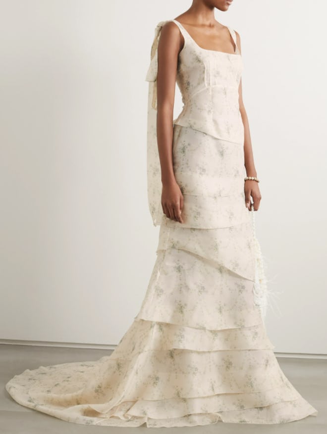 Tiered Floral Print Organza Gown