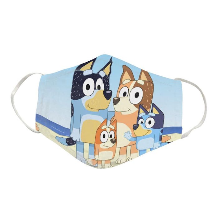 An image of a nonsurgical face mask with Bluey and his family on it. 