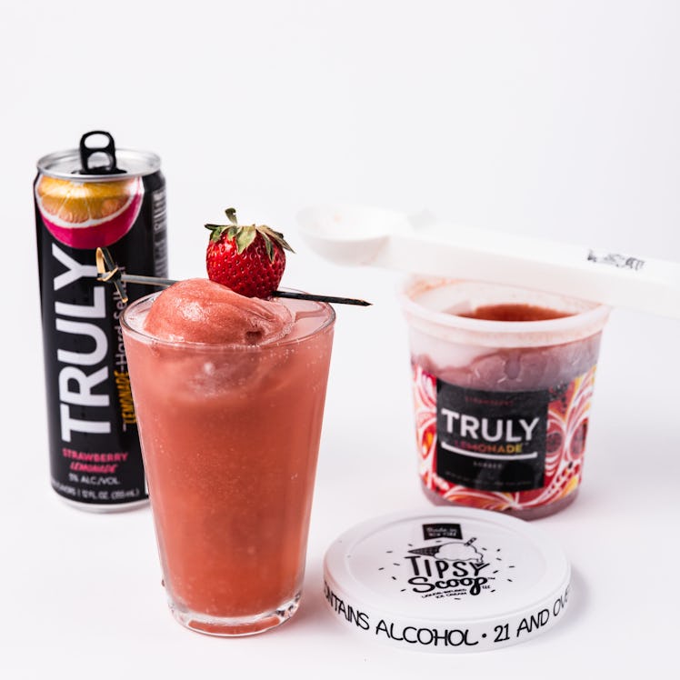 Truly Hard Seltzer and Tipsy Scoop's seltzer-infused ice cream comes in a strawberry flavor that can...