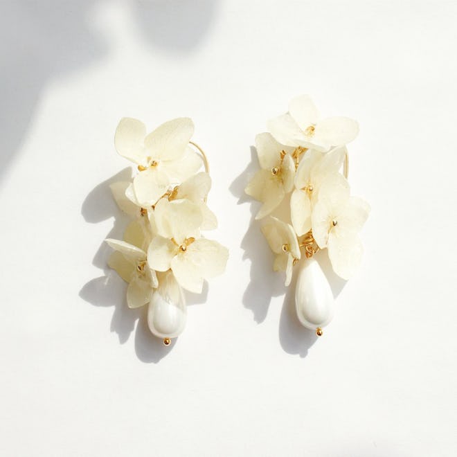 Verena Hydrangea Flower Drop Earrings With Teardrop Pearl