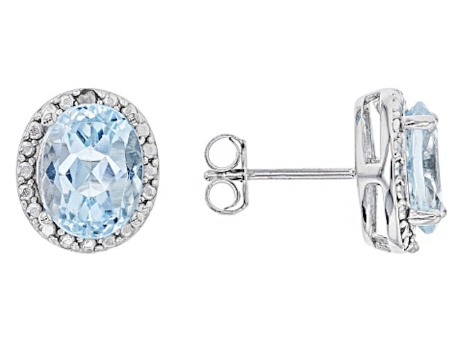 Blue Topaz With White Diamond Sterling Silver Earrings
