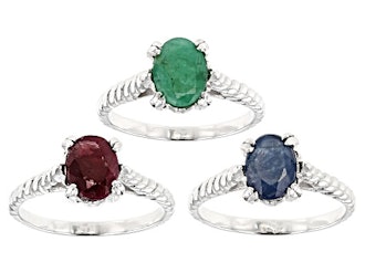 Green Emerald Rhodium Over Sterling Silver Solitaire Set of 3 Rings