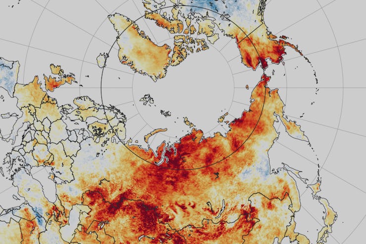 Temperature anomalies from March 19 to June 20 2020. Red colors depict areas that were hotter than a...