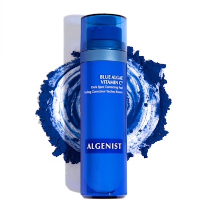Texture swatch and bottle for Algenist's Blue Algae Vitamin C Dark Spot Correcting Peel.