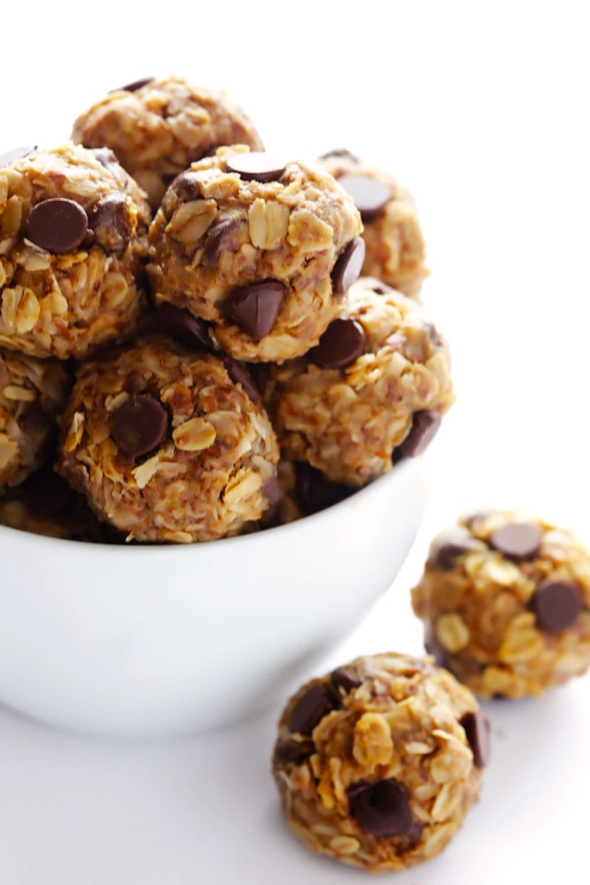 Small balls of oats dotted with chocolate chips.