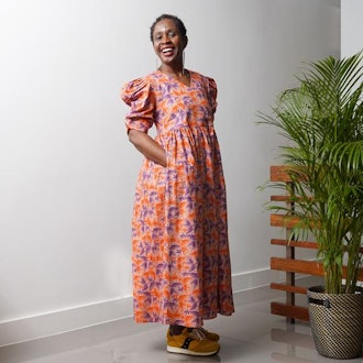 Olushade Cotton Leaf Print V-neck Wrap Front Dress