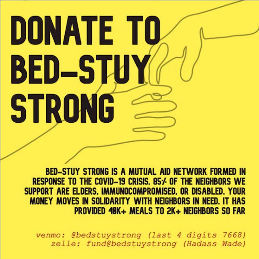 A yellow poster with righting on it that says: "Donate to Bed-Stuy Strong"