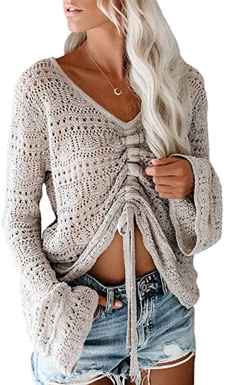 Saodimallsu Boho Bell Sleeve Crochet Sweater