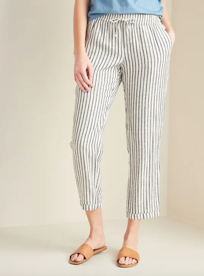Mid-Rise Cropped Linen-Blend Pants