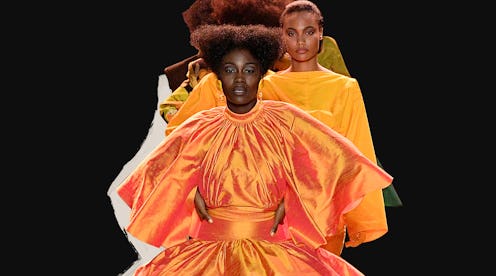 Models wearing orange outfits walking on a runway during digital fashion week