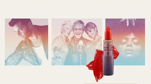 shirley manson, mary j blige and elton john in front of a microphone with mac makeup in front of the...