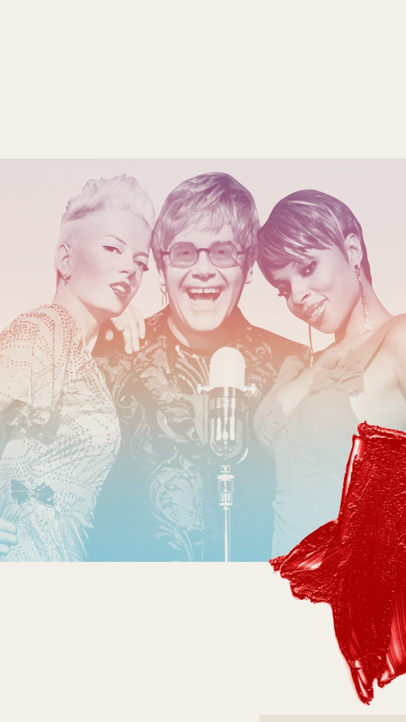 shirley manson, mary j blige and elton john in front of a microphone with mac makeup in front of the...
