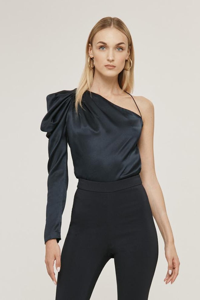 Navy Silk Charmeuse One Shoulder Draped Top